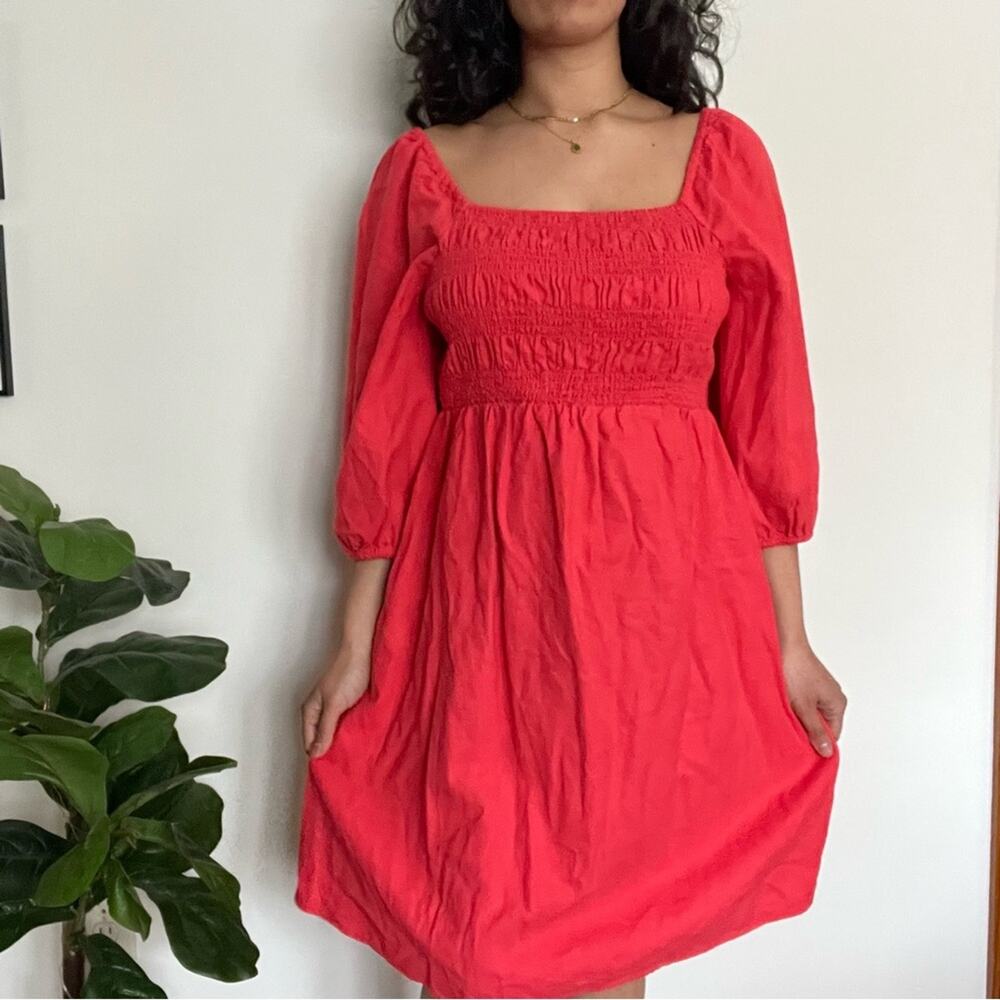 Ingrid + Isabel Maternity Peasant Mini Dress Medium Coral Red Cottagecore Linen